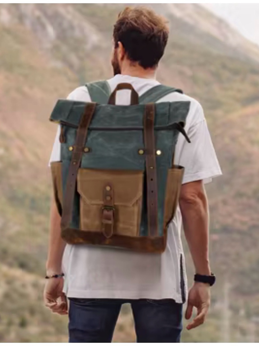 Roll-Top Canvas Backpack in Green and Brown - Men's Outdoor Hiking Travel Pack